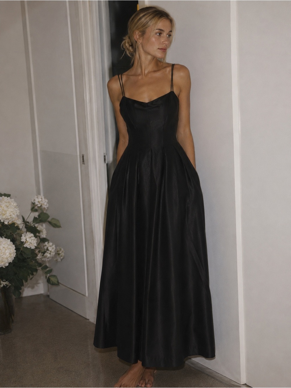 Black Satin Cocktail Midi Dress | Elegant Formal Dress | Wedding Guest Dress